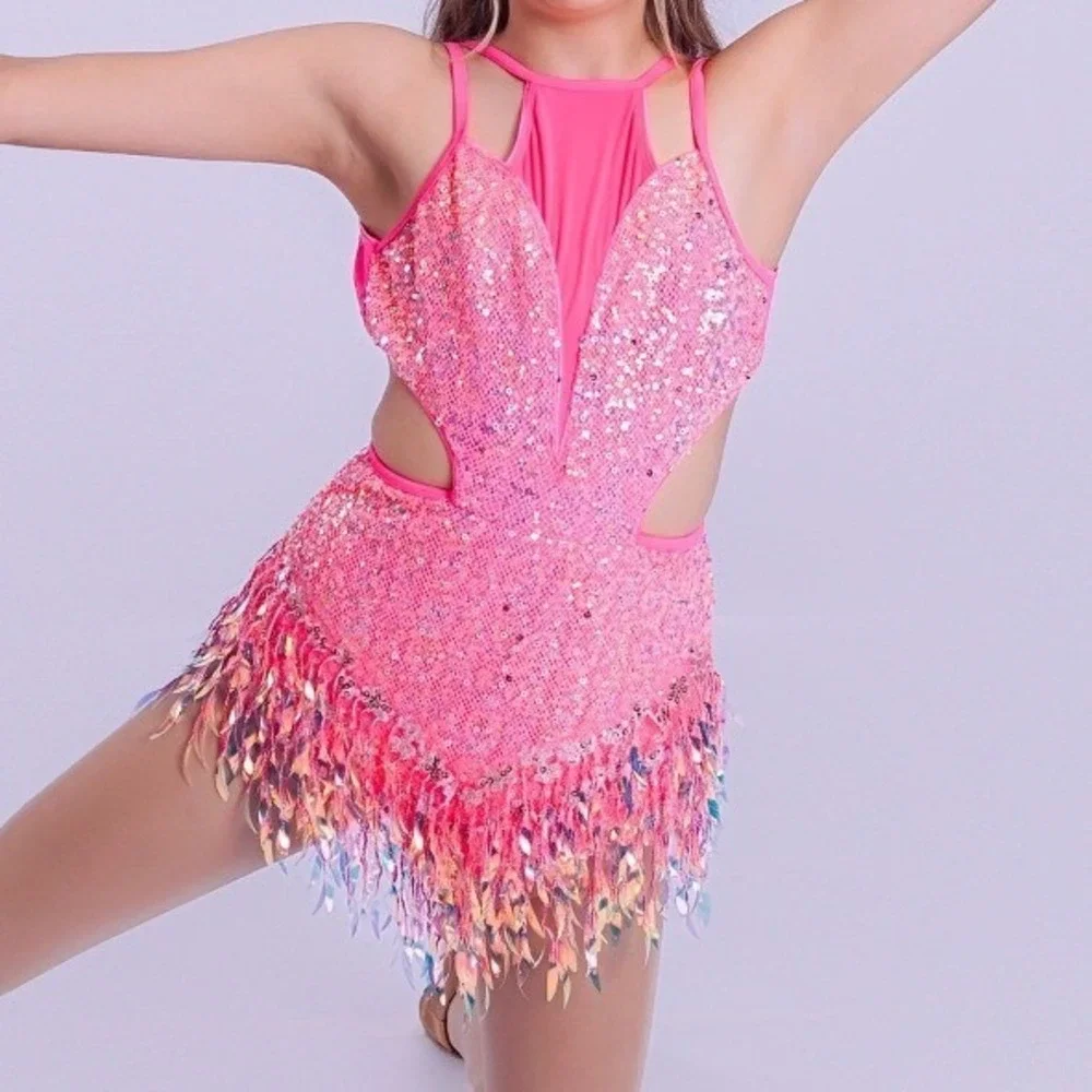 Tenth House Essence Hot Pink Sequin Dance Leotard Iridescent Fringe Costume SA